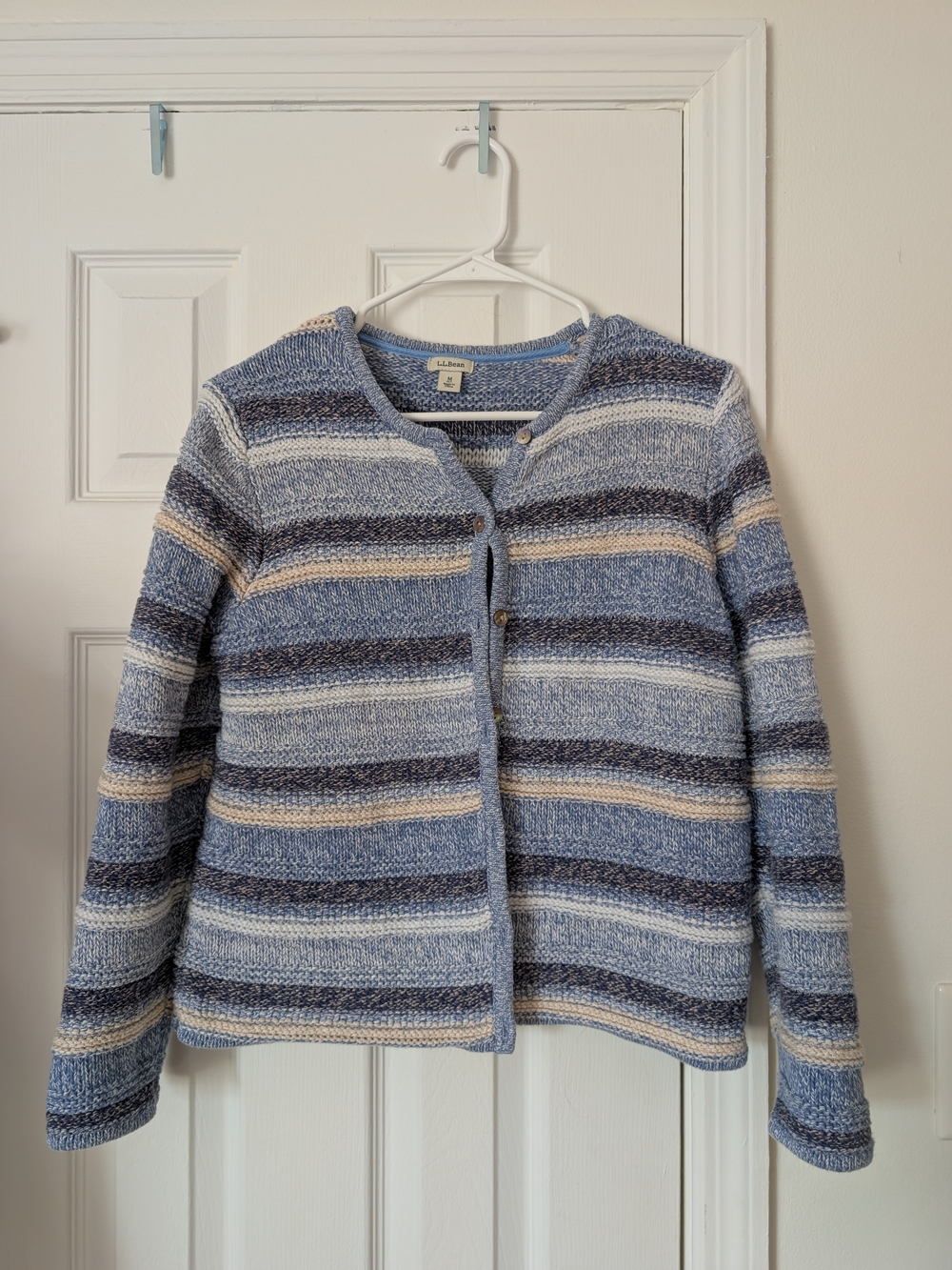 L.L. Bean Blue and Cream Striped Knit Cardigan
